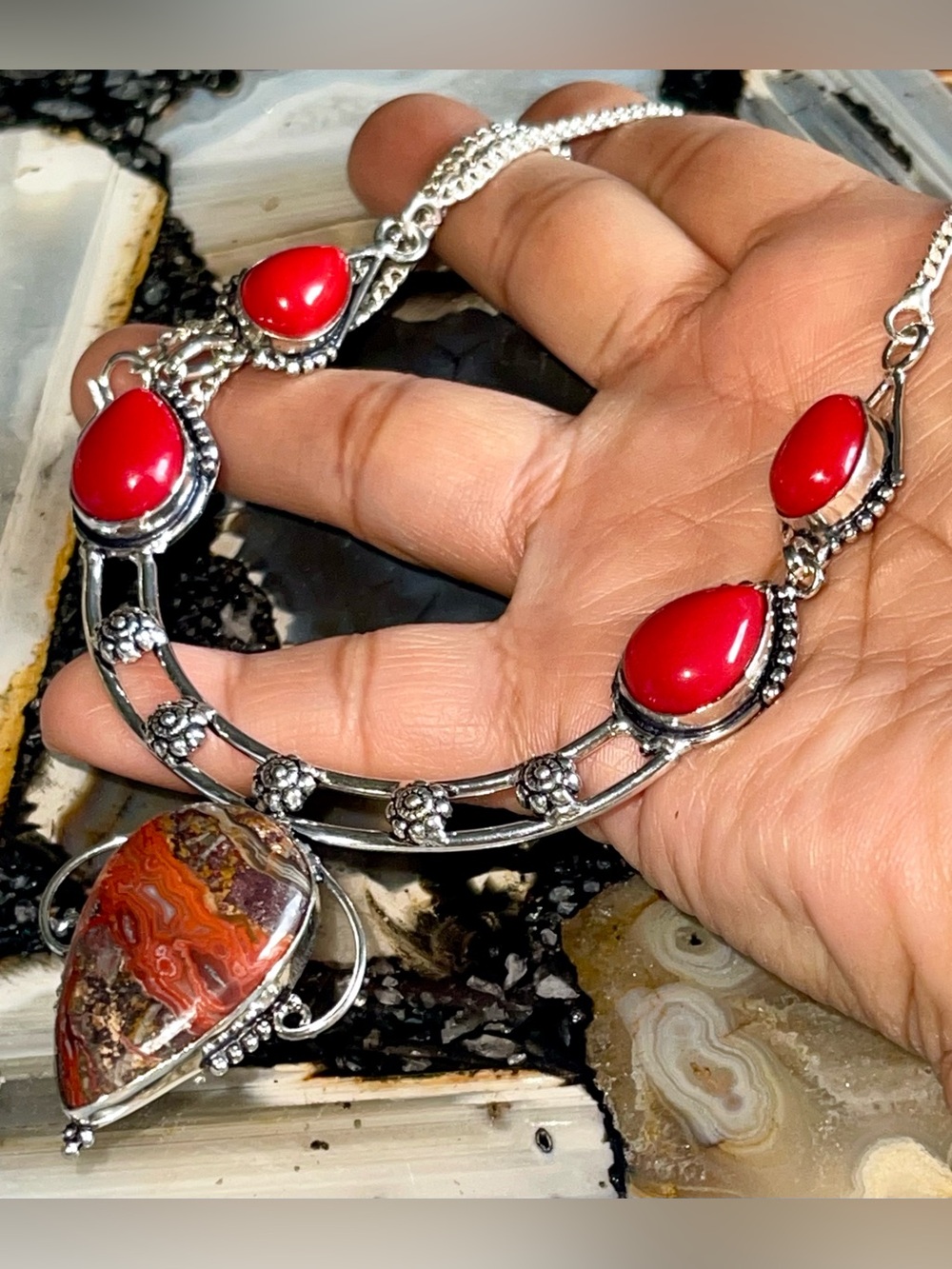 Crazy Lace Agate & Red Coral Collar Pendant Necklace